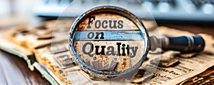 Magnifying glass focusing on the phrase Focus on Quality against a white background, symbolizing the importance of quality