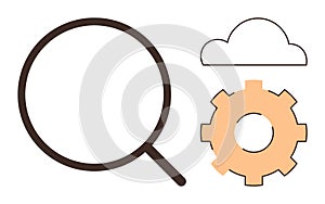 Magnifying Glass, Gear, and Cloud Representing Search, Settings, and Cloud Computing Concepts