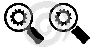 Magnifying glass with gear icon vector. Concept of search optimization, technical settings, system configuration, engineering
