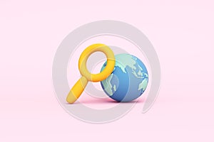 magnifying glass and globe pink background application search engine study kid cute imagination creative discovery connect world.