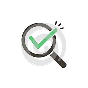 Magnifying glass with green check tick. Vector icon illustration design. For concepts of research, results found, success. photo
