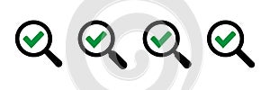 Magnifying glass with green check tick. Vector icon illustration design. For concepts of research, results found, success, reviews