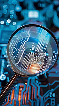 Magnifying glass highlights computer security system, essential for cybersecurity