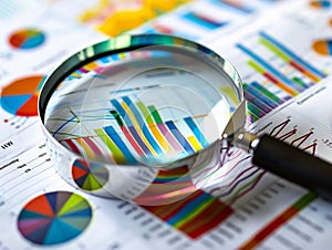 A magnifying glass highlights the intricate details of charts and graphs, representing data analysis and research.