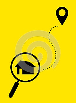 Magnifying glass with home on the map and icon location. Find house. Flat style. Vector