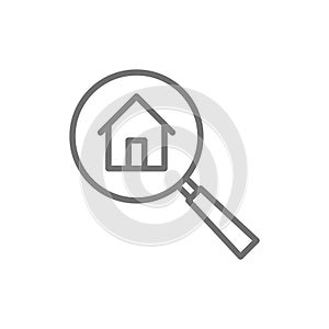 Magnifying glass with house, apartment search line icon.