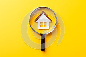 Magnifying glass and house icon on yellow background. House search, home buying and selling, loan,