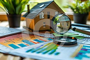 A magnifying glass and a house model on a table