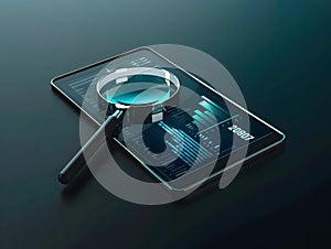 Magnifying Glass Hovering Over Sleek Touchscreen with 2025 Optimization and Business Planning Text