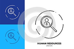 Magnifying glass with human figure line art vector icon. Outline symbol of people search