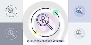 Magnifying glass with human figure line art vector icon. Outline symbol of people search. Recruitment pictogram