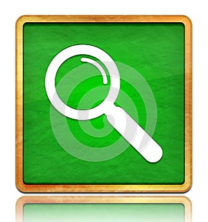 Magnifying glass icon chalk board green square button slate texture wooden frame concept isolated on white background with shadow