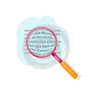 Magnifying glass icon in flat design style looking for something. Yellow loupe with glass lens to search or zoom. Modern
