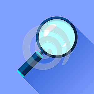 Magnifying glass icon in flat style. Search loupe on color background. Vector design object for you business project