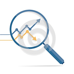 Magnifying glass icon in flat style. Search loupe and diagrams on color background. Zoom progress chart. Business analytic