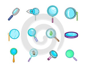 Magnifying glass icon set, cartoon style