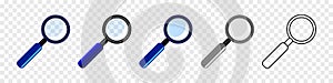 Magnifying glass icon. Set of icons in different style. Flat, realistic and line. Vector illustration isolated on transparent