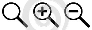 Magnifying glass icon set. Search symbol. Zoom in and zoom out sign. Magnifier vector illustration isolated on white