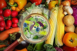 Magnifying glass and illustration of microbes on vegetables. Food poisoning concept photo