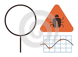 Magnifying Glass, Bug Warning Triangle, and Graph for Data Analysis and Error Detection Concept