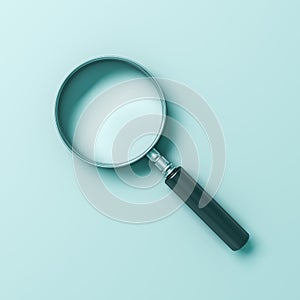 Magnifying glass isolated on cyan green blue pastel color background