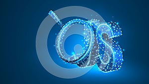 Magnifying glass on Java Script coding language sign. Programming analysis, developing concept. Abstract, digital, wireframe, low