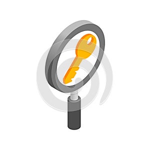 Magnifying glass with key icon, isometric 3d style
