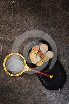 Magnifying glass and leather change purse with eurocents on a background of stone with copy space