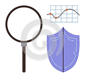 Magnifying Glass, Line Graph, and Cybersecurity Shield Representing Analysis and Data Protection
