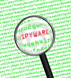 Magnifying glass locating spyware in computer code photo