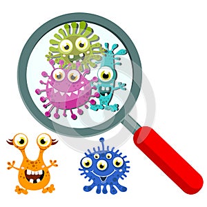 Magnifying Glass look through Germ, Bacteria, Virus, Microbe, Pathogen Characters