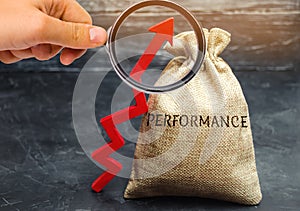 The magnifying glass is looking at the bag with the word Performance and the up arrow. The concept of improving business