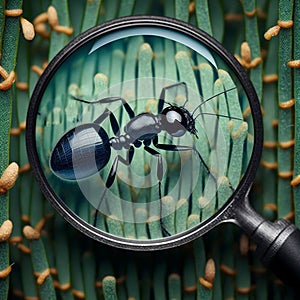 the magnifying glass looking down on black ant on the grass.