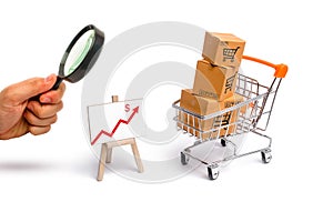 Magnifying glass is looking at the Supermarket cart with boxes and a graph with red arrow, merchandise: the concept of buying
