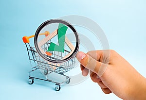 Magnifying glass is looking at the wooden checkmark for voting on elections in a supermarket trolley. Lobbying interests, election