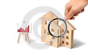 Magnifying glass is looking at the wooden houses with a stand of graphics and information. Growing demand for housing