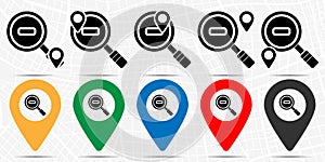 A magnifying glass with a minus sign, zoom out icon in location set. Simple glyph, flat illustration element of web, minimalistic