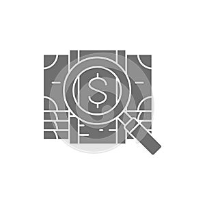 Magnifying glass with money banknotes, money search, dollar banknotes and loupe grey fill icon. Cash payment, paper bill