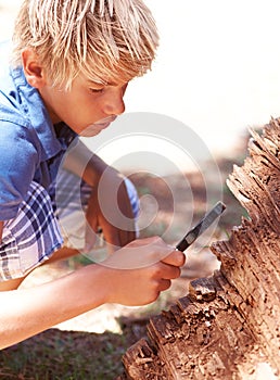 Magnifying glass, nature and explore with curious boy outdoor in park, garden or field for discovery. Kids, search and