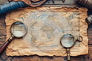 Magnifying glass on old brown paper of globe map, vintage style