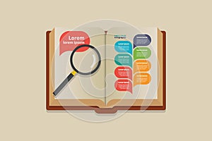 Magnifying glass on open book infographic