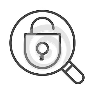 Magnifying glass with opened padlock icon and on white background