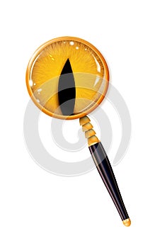 Magnifying glass and orange cat eye, 3d cartoon, isolated object on white background. Vector illustration