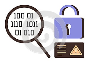 Cybersecurity Concept with Binary Code, Lock, and Warning Symbol