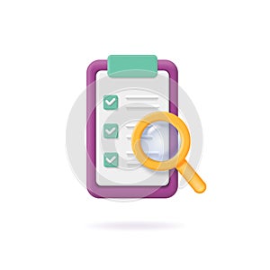 Magnifying glass over clipboard. Checklist icon and magnifier 3d illustration