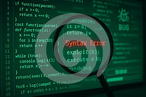 Magnifying glass over computer code showing syntax error