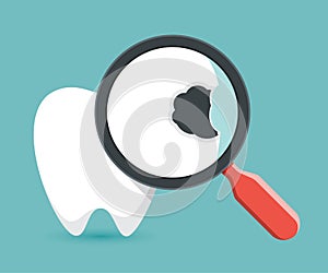 Magnifying glass over a dental caries, tooth check up