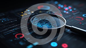Magnifying glass over digital data visualization with graphs and charts in a dark environment