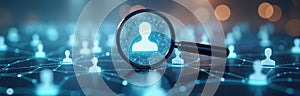 Magnifying glass over digital network connections. Online community, technology, discovery in digital interactions. Virtual