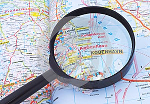 Magnifying glass over Kobenhavn, Denmarkmap
